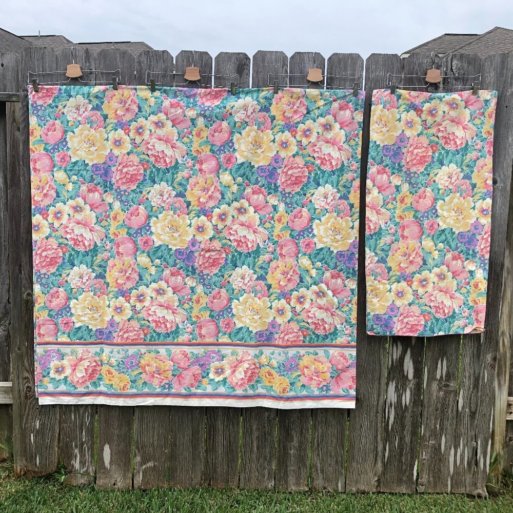 Vintage Cannon Floral Flat Sheet w/ Pillowcase Floral Print Border Made in USA
